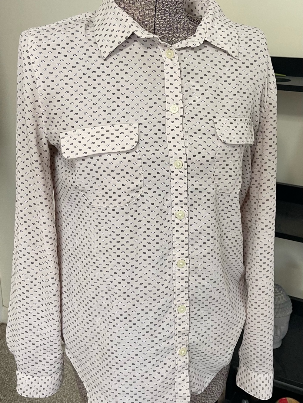 LOFT White Button-Down Blouse with Tiny Navy Geometric Print
